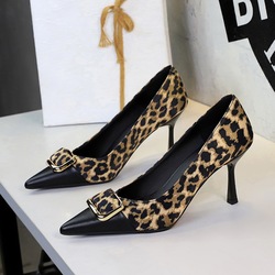 2627-5 European and American style metal buckle leopard print high heels for women, pointed and sexy slim high heels, shallow mouth temperament, color blocked single shoes