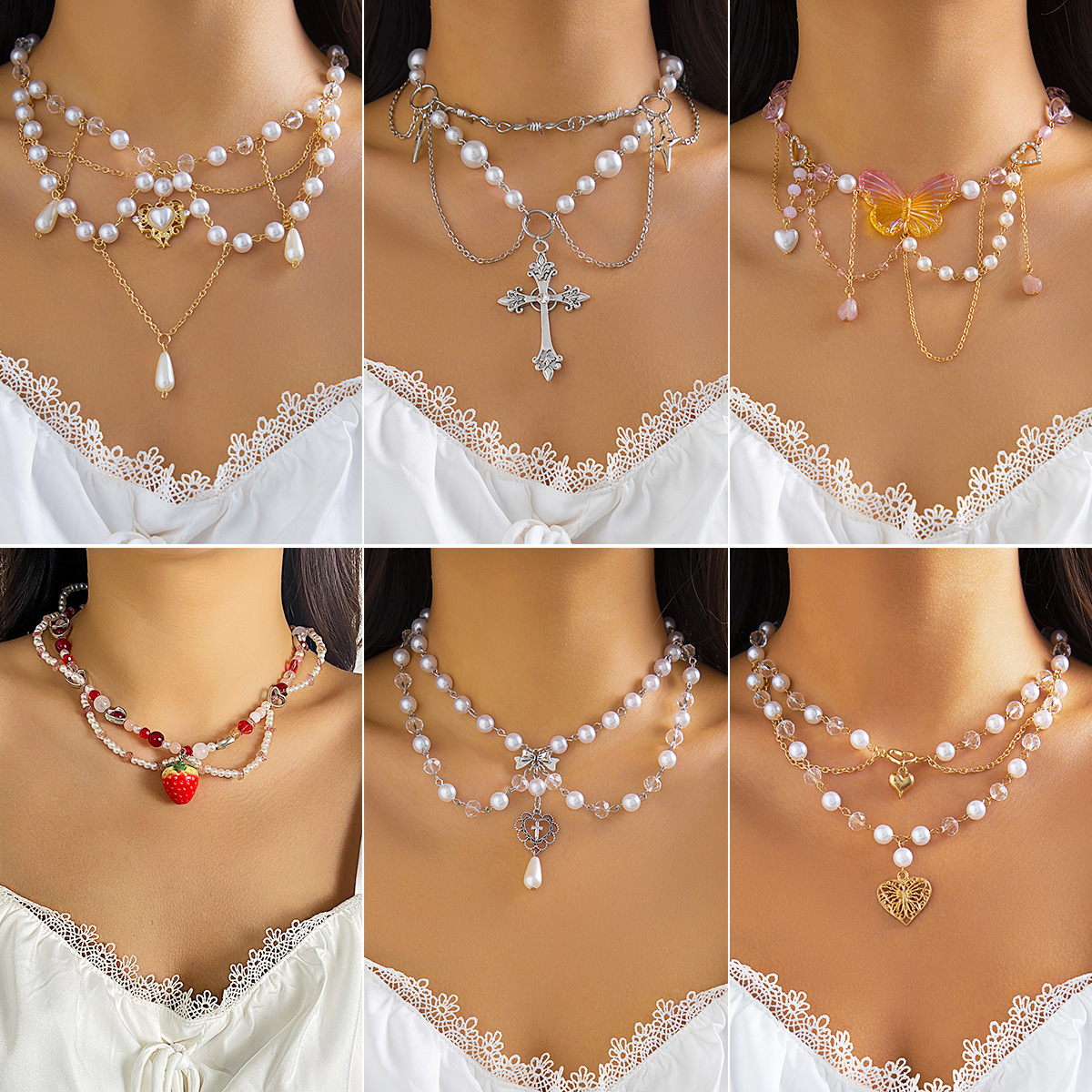 Pearl Pendant Necklace With Cross And Beaded Y2k Style Details_voghion.com