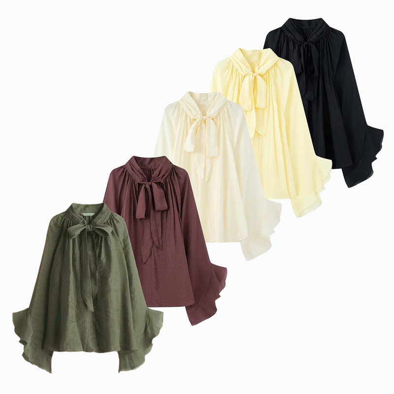 Trendy French-Style New Fashion Top with Bow Tie, Lace Sleeves, and Sheer Design for Commuting