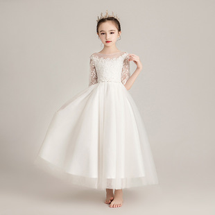 Girl's White Western Style Long Sleeve Princess Dress Flower Girl's Wedding Dress Children's Host Evening Dress Girl's Show Dress
