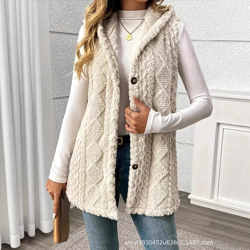 In-Stock Amazon European and American Cross-Border Aliexpress Foreign Trade Autumn and Winter Sleeveless Hooded Pocket Cardigan Casual Warm Jacket