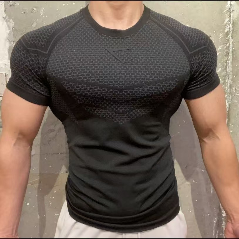 American-Style Muscle-Showing Sports Round-Neck Short-Sleeved Fitness Tops Training Tight-Fitting Summer Quick-Drying Elastic Slim Men's T-Shirt