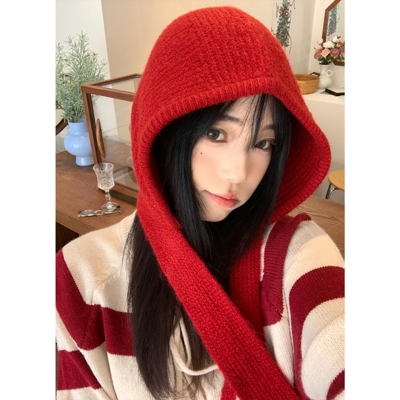 红色巴拉克拉法帽女秋冬保暖毛线帽子围巾一体连帽围脖针织套头帽|undefined