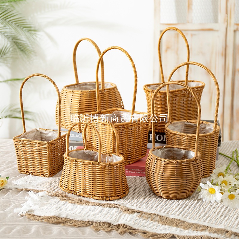Cesta de flores de ratán tejida a mano, cesta de flores frescas portátil, cesta de paja, cesta de bambú, decoración para bebés, cesta de flores para el hogar.