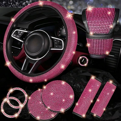 Steering wheel cover, Diamond-Encrusted Decorative Set: Steering Wheel - rose-red-38cm