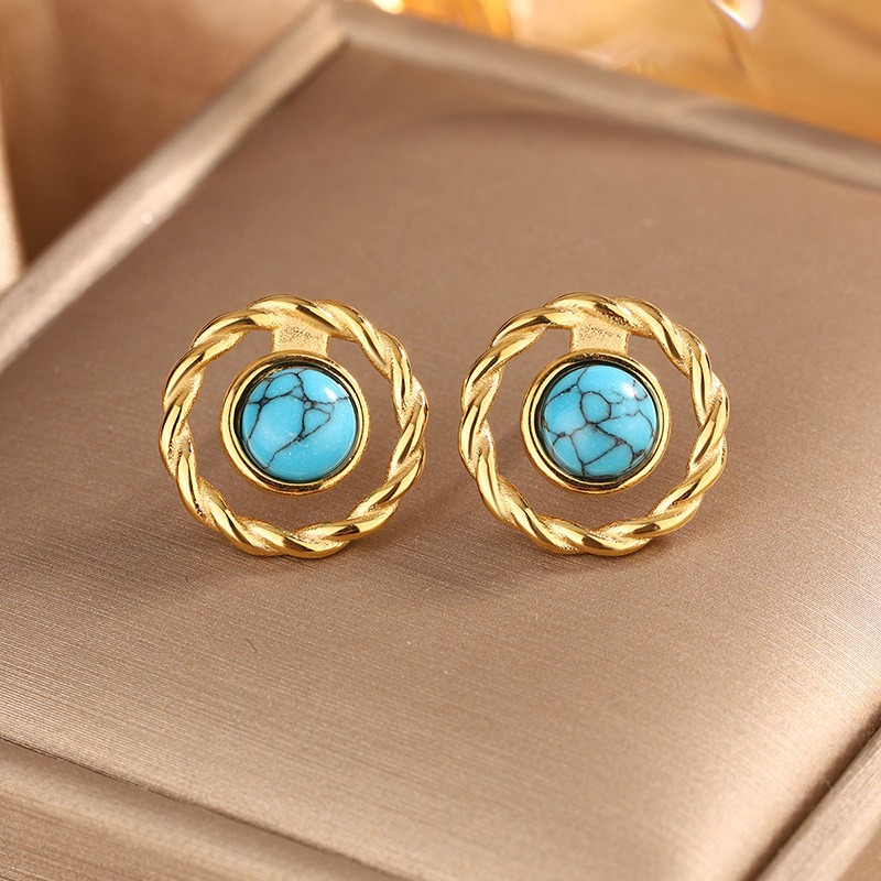 9g Weight 304 Stainless Steel Ear Needle Material 18K Gold Plated Plating Material Earrings, Ear Studs Classification 1 Pair Quantity Party, Tea Party Occasion 304 Stainless Steel, turquoise Material Geometric Pattern All Seasons Season Women's Gender Retro, Classic Style Style 1 Pair Retro Classic Style Geometric 304 Stainless Steel Turquoise 18K Gold Plated Earrings Ear Studs 8