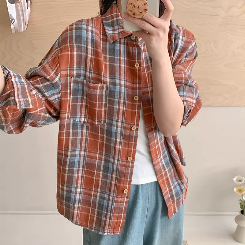 春秋格子衬衫女新款港风宽松时尚潮流上衣美式复古高街设计感衬衣