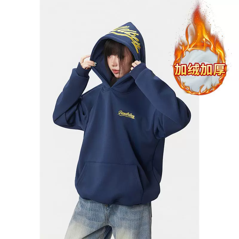 实拍女装卫衣秋冬加绒加厚潮刺绣花中长宽松连帽保暖上衣外贸批发