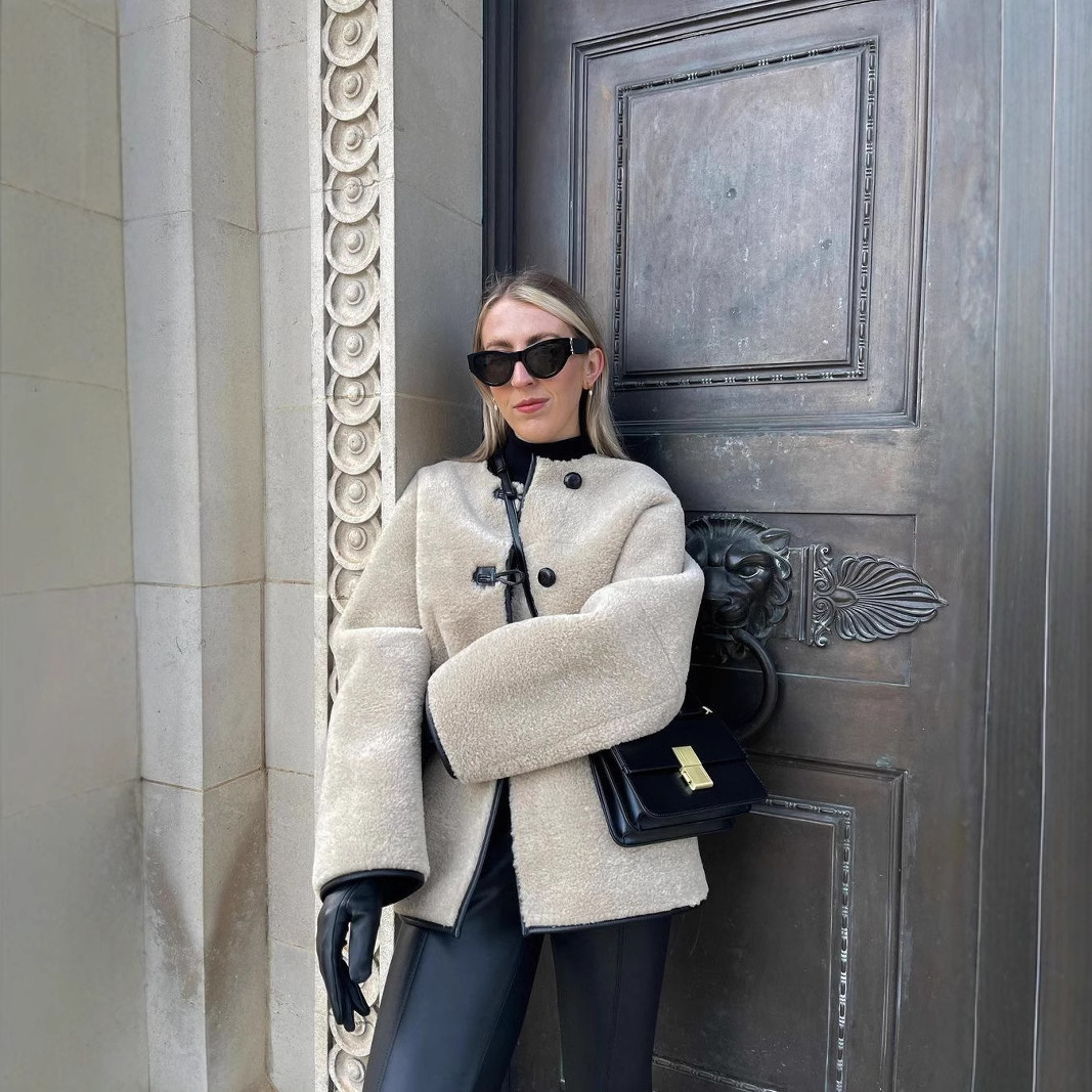 Cross-border wholesale AliExpress European and American women's clothing 2023ZAUAR buckle decorative round neck imitation fur coat