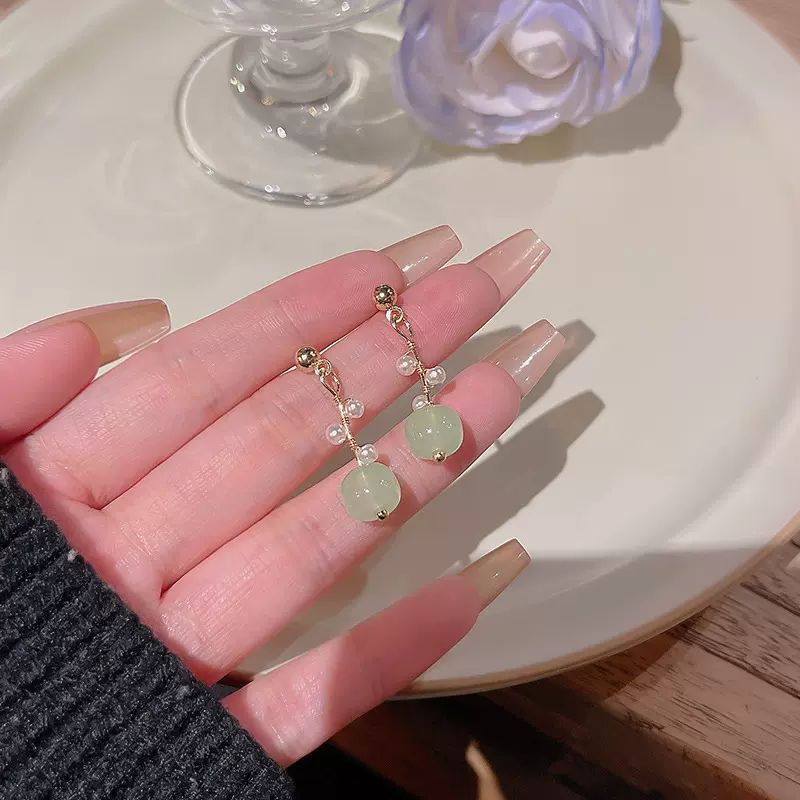 S925银针新中式猫眼石长款耳环女ins潮百搭气质珍珠耳钉耳饰批发