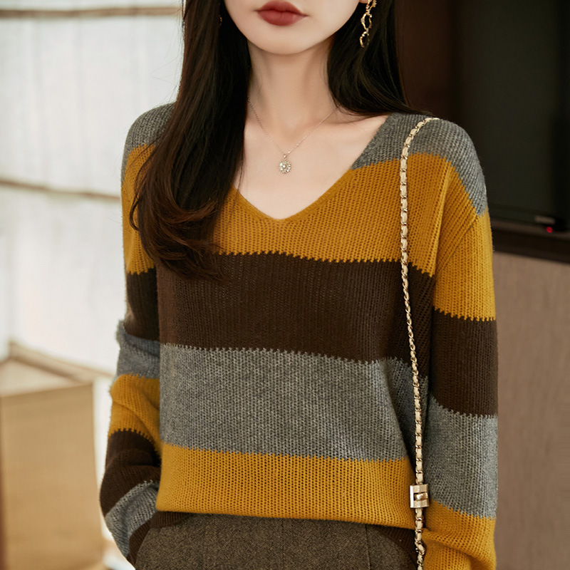 韩系撞色条纹精纺针织毛衣女2025秋季新款法式宽松软糯女装上衣|undefined