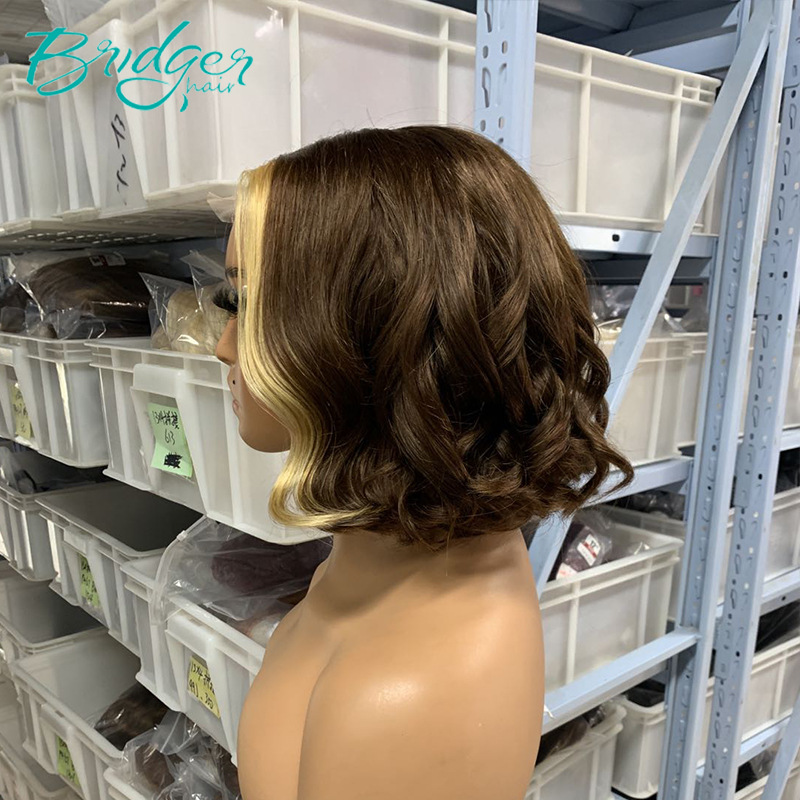 Parrucca bob in capelli umani castano con meches bionde corta_voghion.com