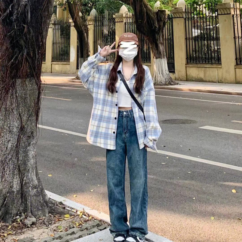 厚款毛尼料蓝色格子衬衫女装2025秋季新款港风chic长袖外套上衣女|undefined