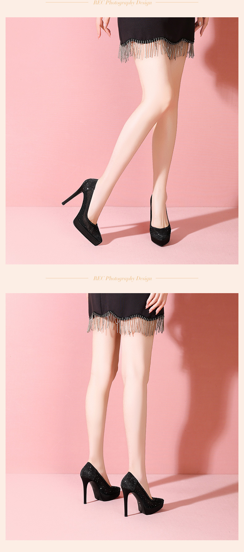 Giày cao gót nữ mũi nhọn da thật đế platform gót siêu cao 12 cm, phối lưới đính đá rhinestone — đen chi tiết 8