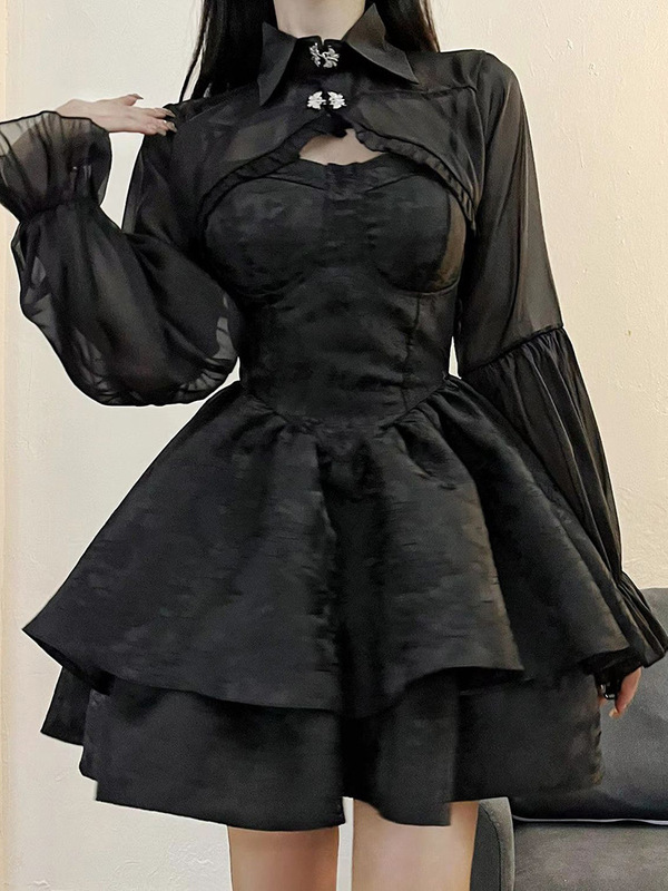 纯欲风辣妹套装女春秋季短款防晒坎肩外套收腰吊带蓬蓬裙子两件套|undefined