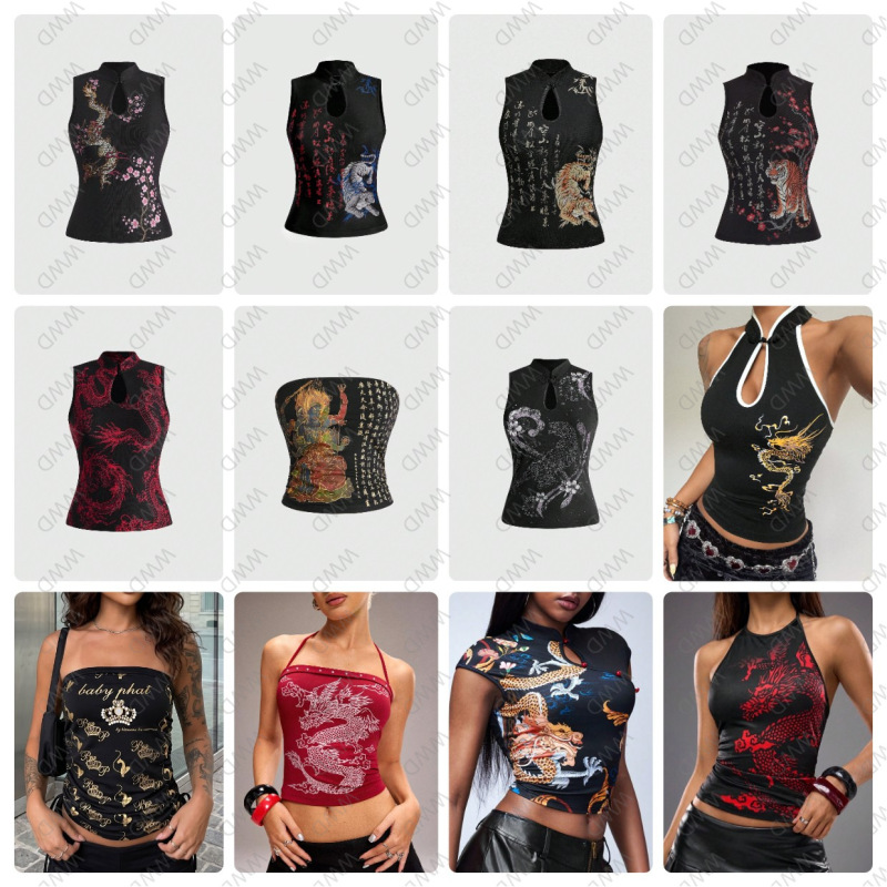 2026 National Trend Gold Dragon Print Halter Neck Slim Fit Cheongsam Collar Women's Waist-Cinching Top Wholesale
