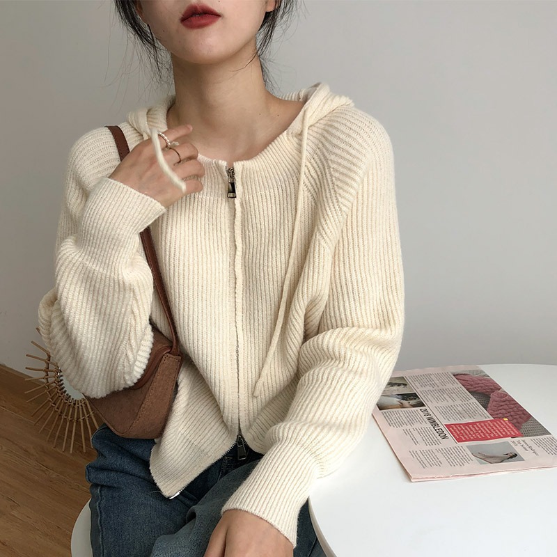 (2개) 여성용 지퍼 후드 니트 가디건, 여성용 복고풍 일본식 게으른 스타일 스웨터 재킷, 가을, 겨울 디자인, 짧은 스타일