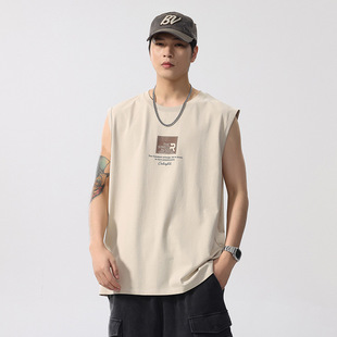 Sleeveless Short-Sleeved Men's T-Shirt 2025 New Summer Round Neck Printed Youth Sports Fitness Sweat-Absorbent Wide Shoulder Vest