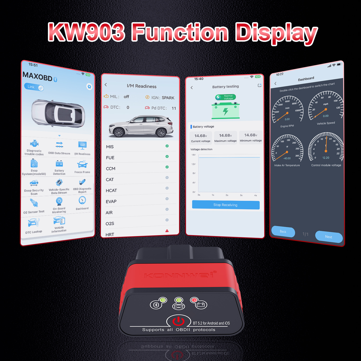 KW903  ELM327蓝牙5.0 4.0 5.2 OBD2 BLUETOOTH V1.5支持安卓苹果