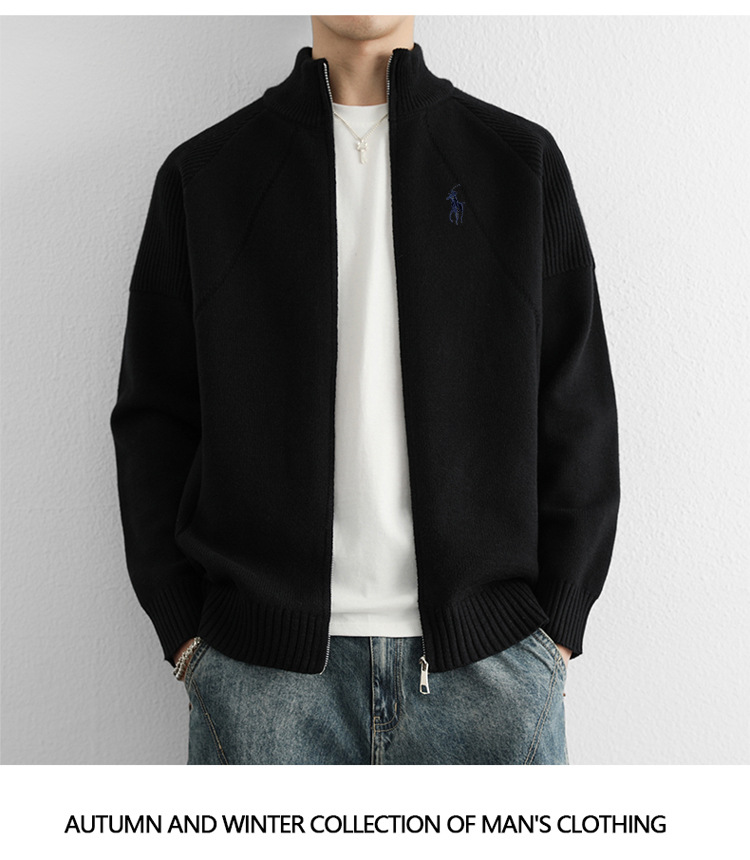 Gilet cardigan homme à double fermeture éclair, logo équitation tendance, col montant, maille haut de gamme, style business_voghion.com