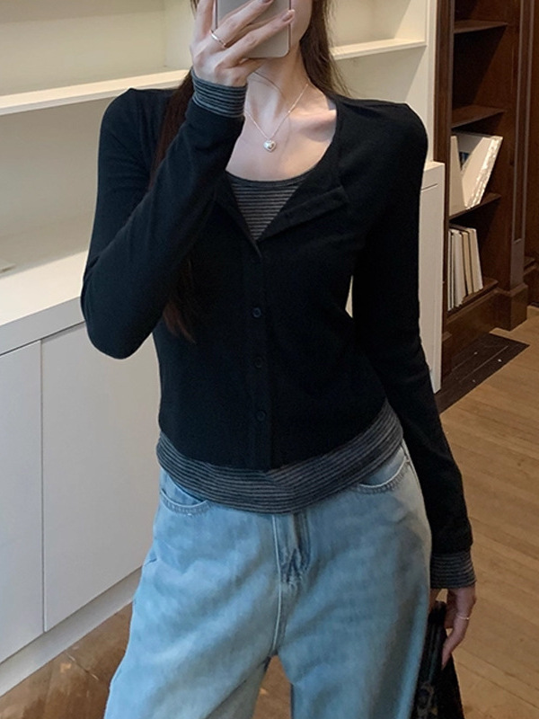 槿一 韩版时尚拼接撞色条纹长袖T恤女早秋慵懒风修身百搭显瘦上衣|undefined