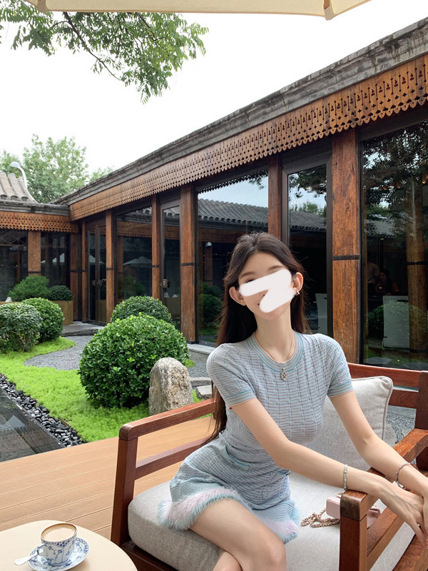早安樊樊「Jennie蓝花楹」温柔毛感拼接针织连衣裙+开衫外套女秋|undefined