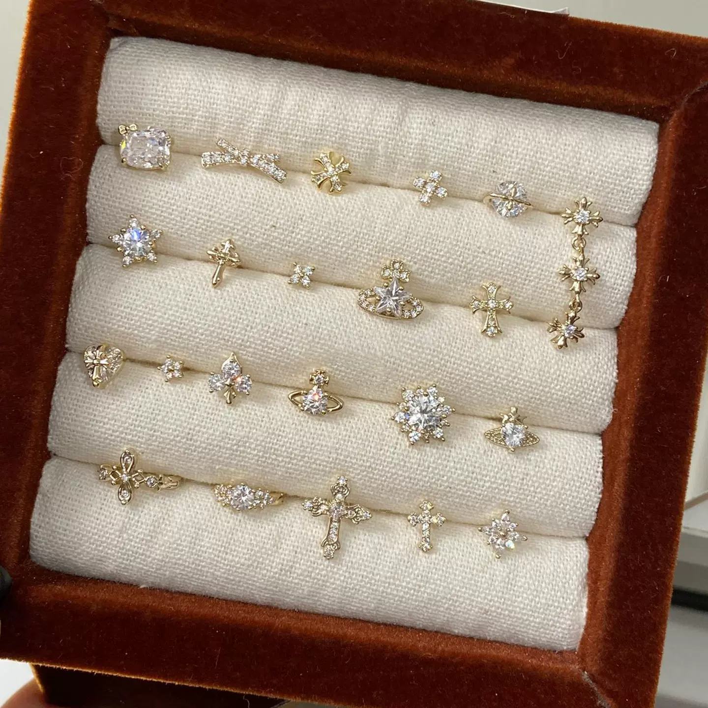 316L医用钛钢耳钉浅咖金合集耳骨钉气质秋冬氛围感雪花十字架耳饰