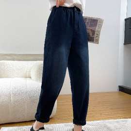 简约时尚深色加厚弹力牛仔裤女2023秋季新款小个子宽松显瘦休闲裤