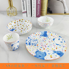 国境を越えて人気パンダかわいい風子供ステーキ皿食器スポット骨磁器20cm浅皿深皿スプーン卸売り