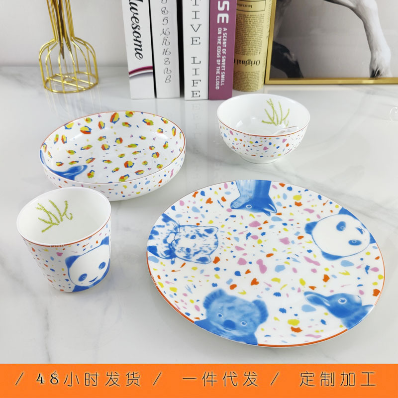 国境を越えて人気パンダかわいい風子供ステーキ皿食器スポット骨磁器20cm浅皿深皿スプーン卸売り|undefined