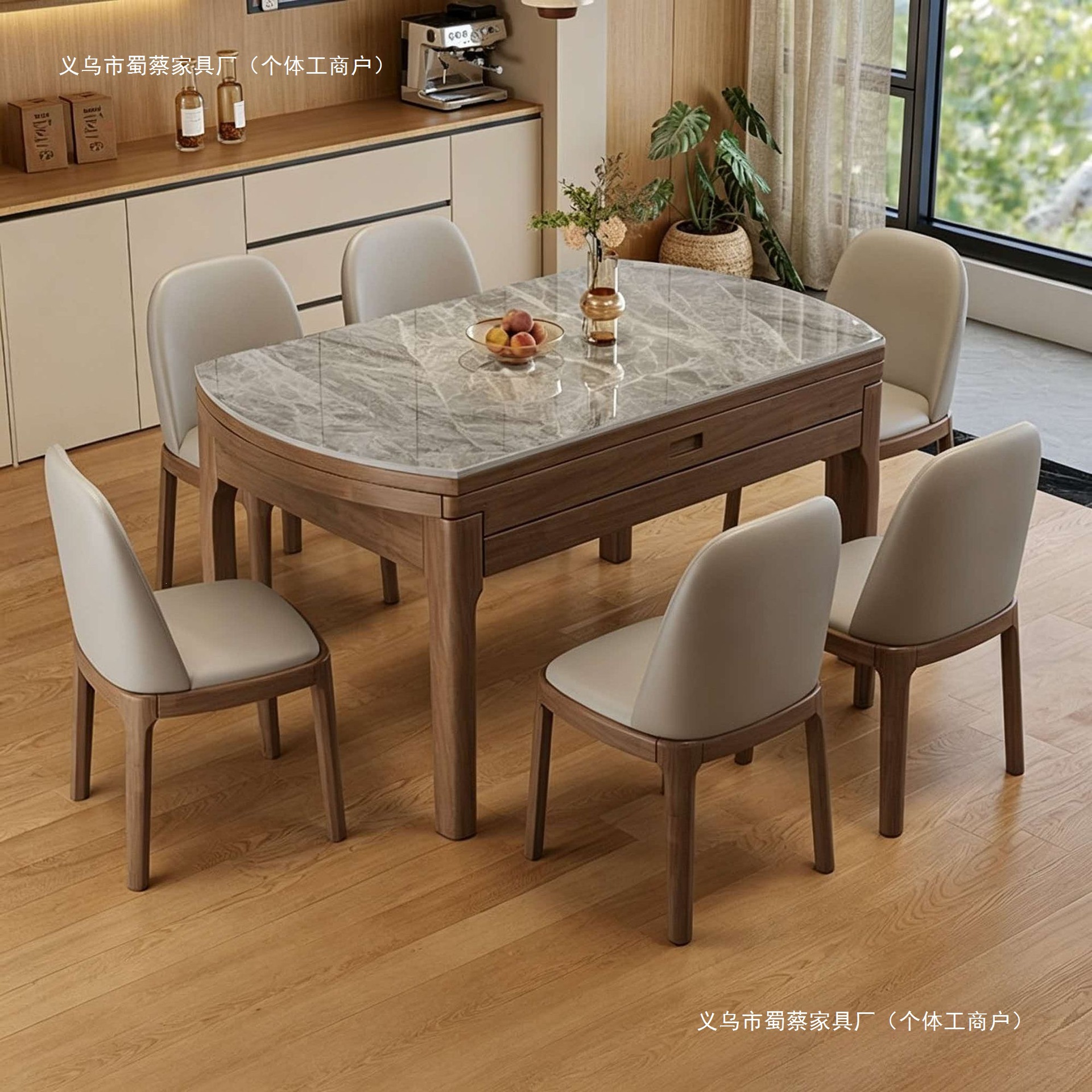 Nordic rock slab dining table for small homes, modern and simple, square and round dual-use, extendable and foldable, with built-in induction cooker
