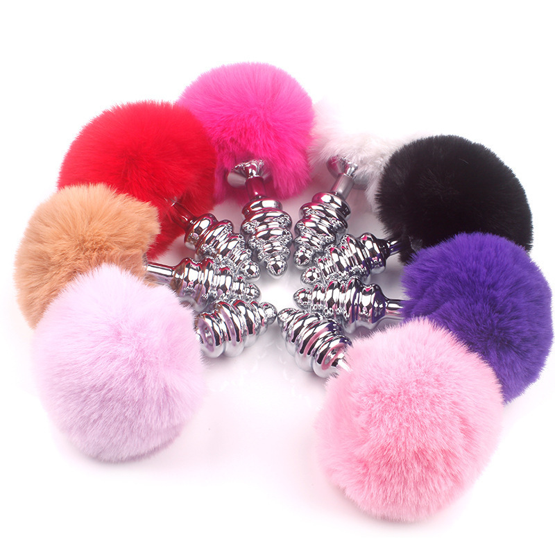 Threaded Metal Anal Plug with Faux Rabbit Fur Tail, Red — detail image 5