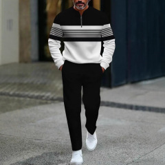 新款2025欧美亚马逊半开门襟拉链套头休闲时尚男士长袖长裤套装