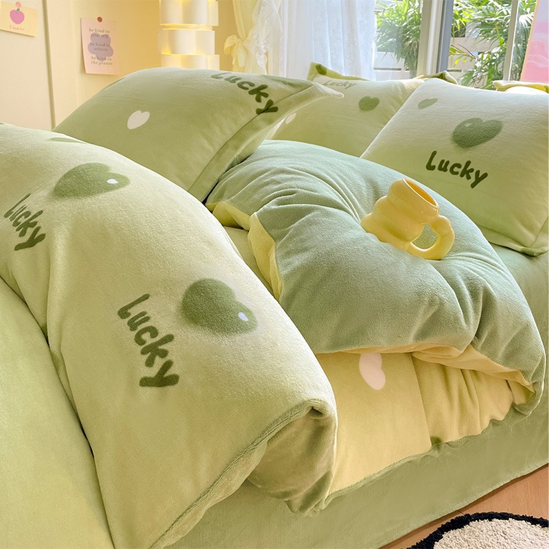 winter milk fiber duvet cover one-piece floral print fresh cartoon cute double-sided velvet thickened warm four-piece bedding set