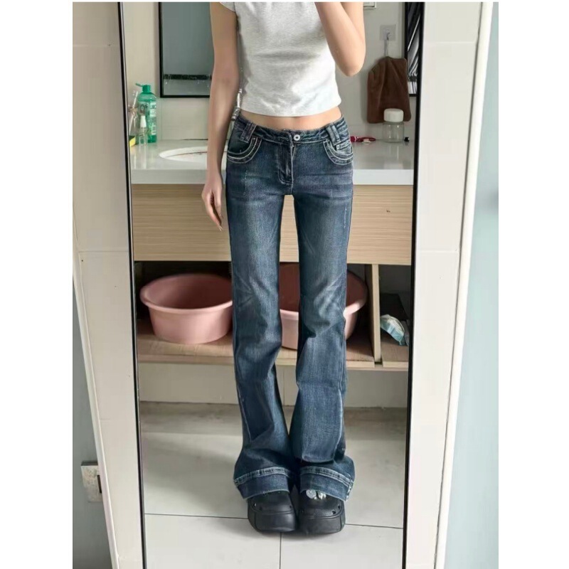American-style spicy girl low-waist tight denim flared pants for women, spring and autumn, petite size, distressed washed, bootcut, floor-length trousers