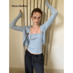 taco studios 清冷金属丝混纺休闲开衫修身显瘦吊带套装