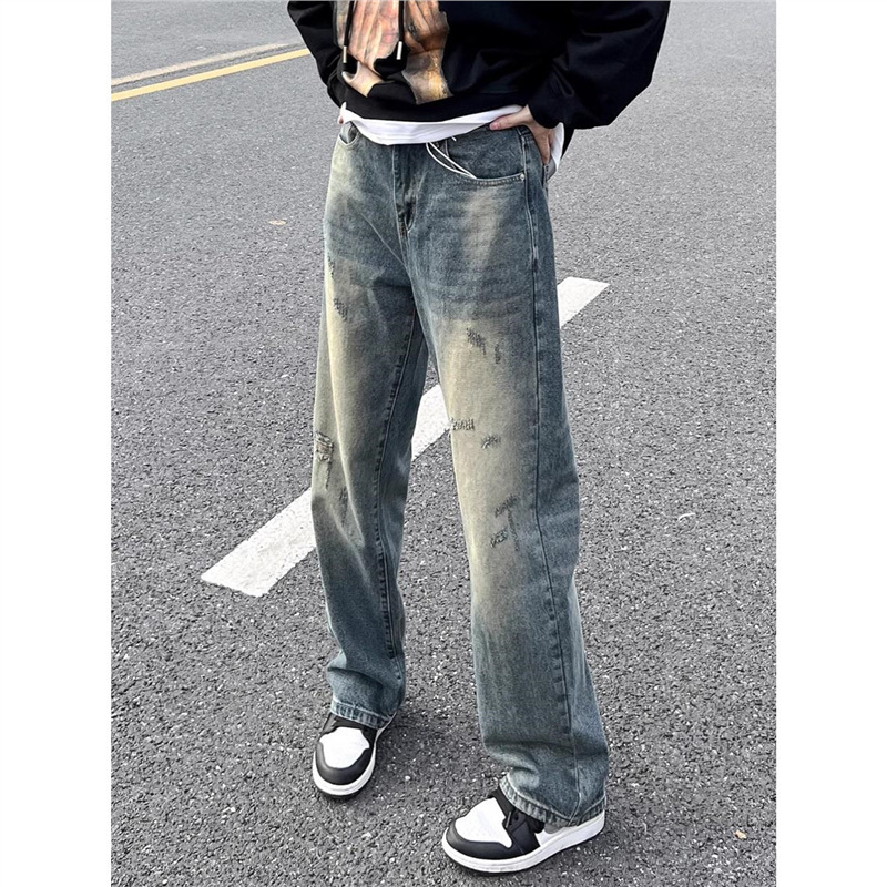 High Street American Retro Loose Straight Pants Washed Distressed Ripped Jeans Men's Ins Trendy Casual Long Pants