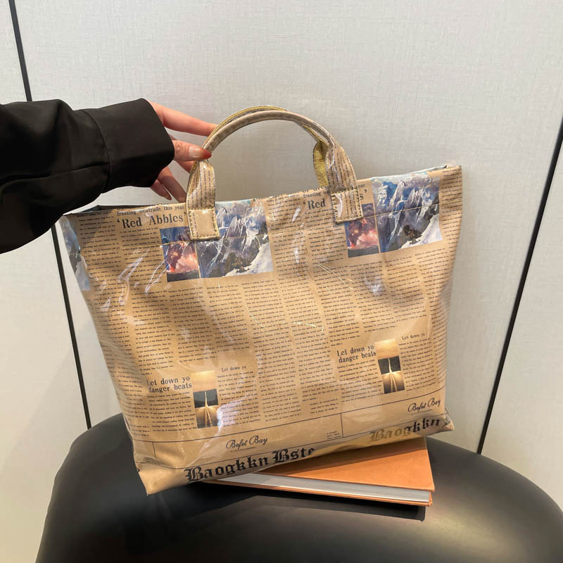 2025 Large Capacity Newspaper Print Bag New Korean Style Fashion Trendy Women's Casual Tote Bag Women's Bag