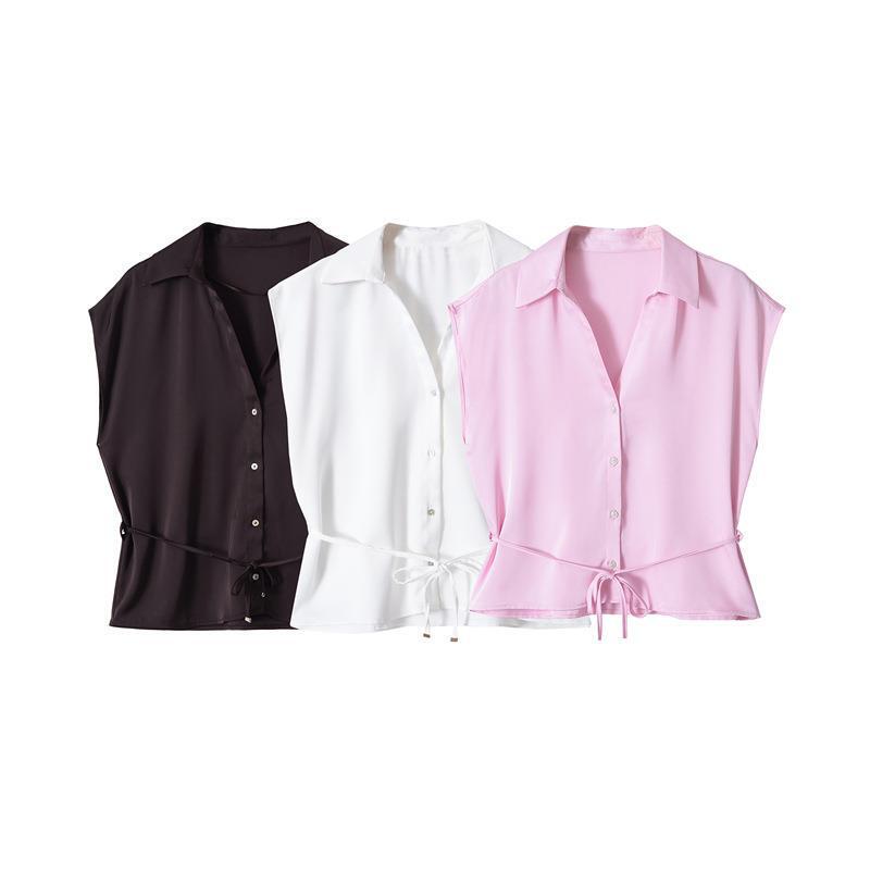 Sleeveless Cross-Border Silk Satin Shirt European and American Style Solid Color Lapel Foreign Trade Summer Brown