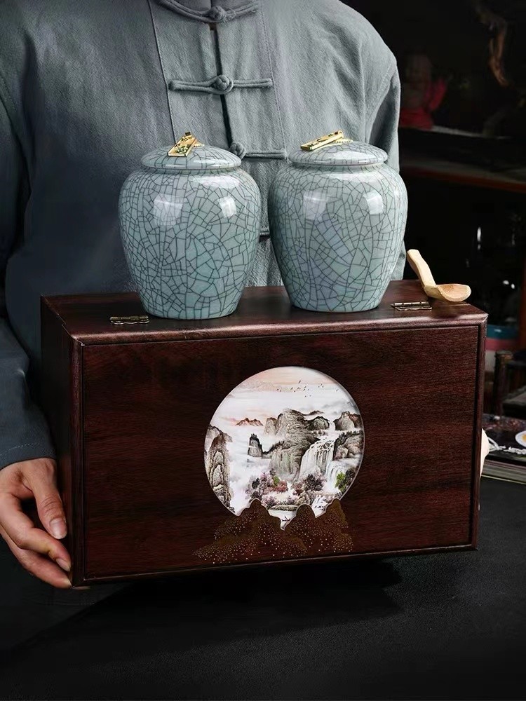 哥窑开片陶瓷茶叶罐双罐礼盒装整套 复古瓷罐茶叶包装盒批发 茶仓