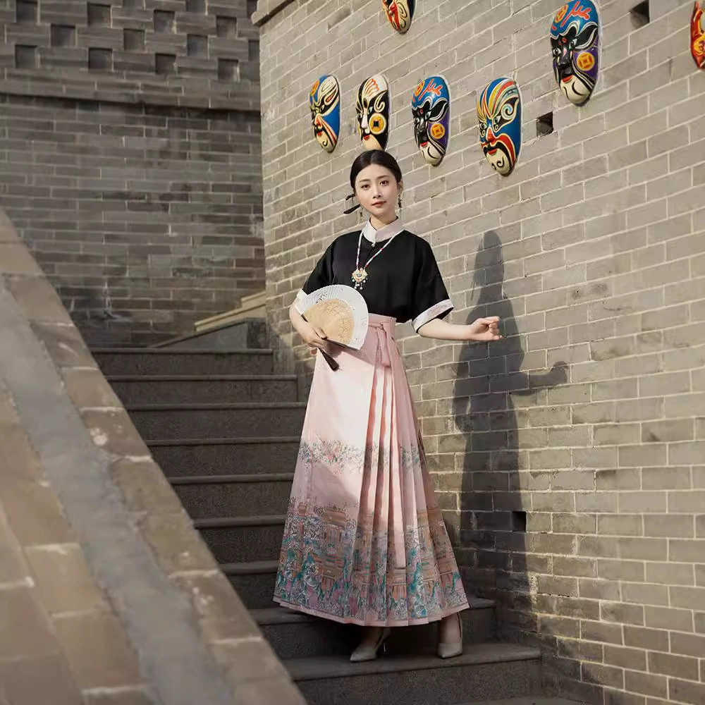 Оригинальный стиль Ming Man Man Hanfu Новый китайский стиль ткацкий золотой национальный ветер, персик древний ветер, элементы вышивки весной и осенью новая юбка с конским лицом