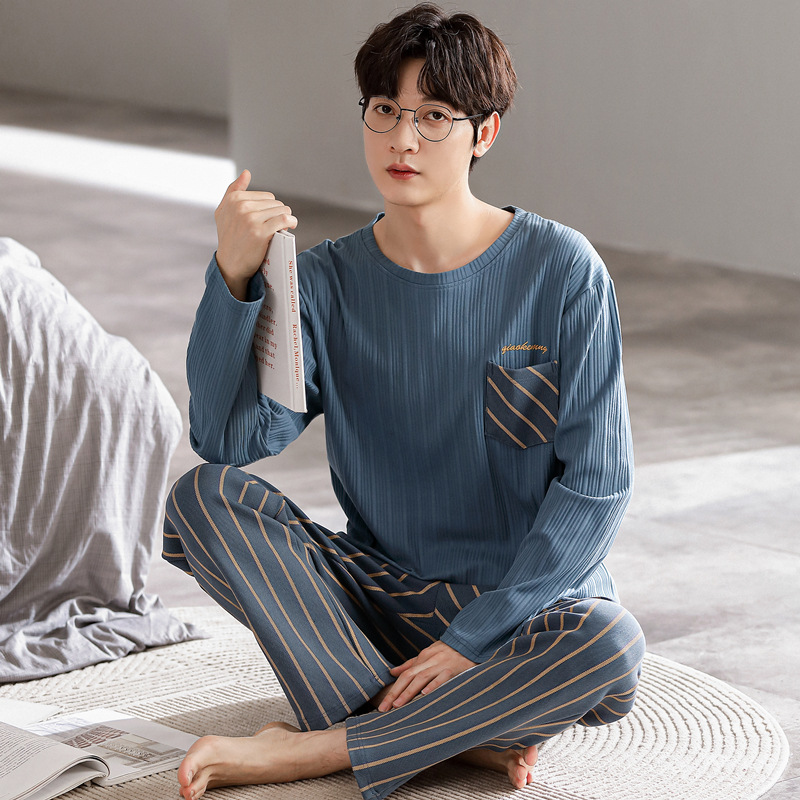 Pijamas de los hombres primavera y otoño fresco algodón manga larga delgada 2023 nuevo estilo coreano más tamaño simple juventud desgaste traje