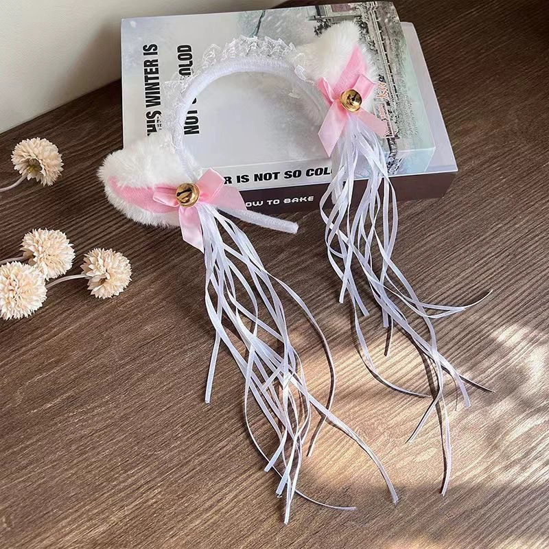 日系手作Lolita蕾丝毛绒猫耳朵铃铛头饰脖铃手环套装兽耳女仆发箍|undefined
