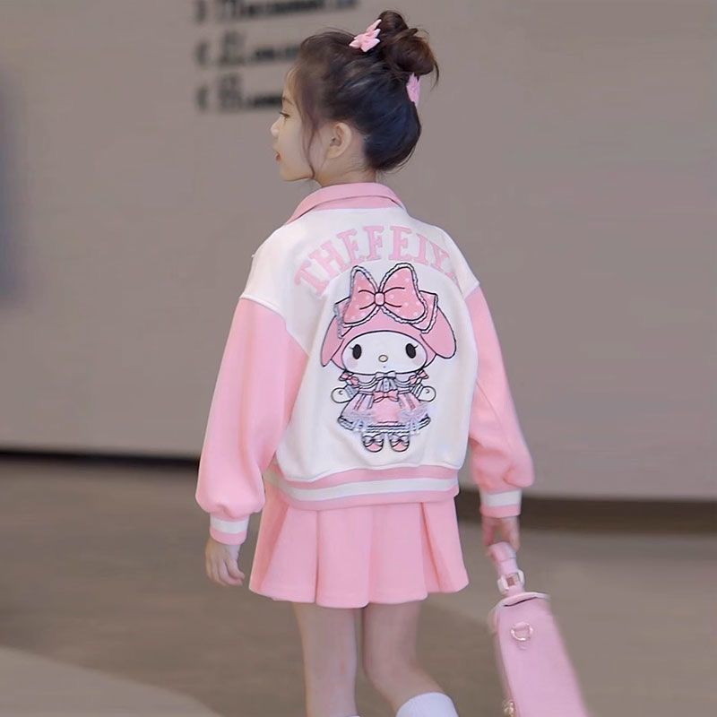 网红女童韩版裙套装中大童春秋新款洋气卡通打底衫外套短裙三件套
