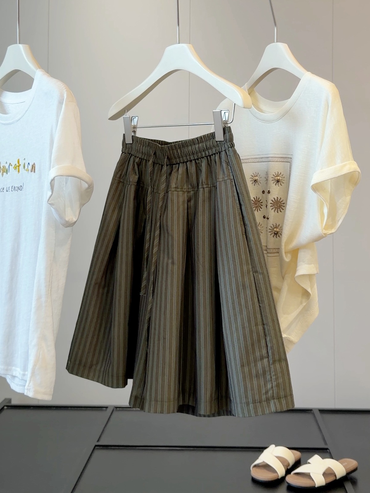 Retro Women's Drawstring Striped Casual Pants Slimming Flattering Loose Fit Wide Leg Shorts Five Point Skirt Style Summer_ecoleips.com