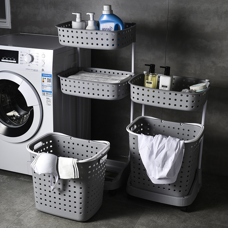 Household dirty laundry basket with classification and partition, large plastic two-layer storage basket, bathroom frame, laundry drum, bathroom storage rack