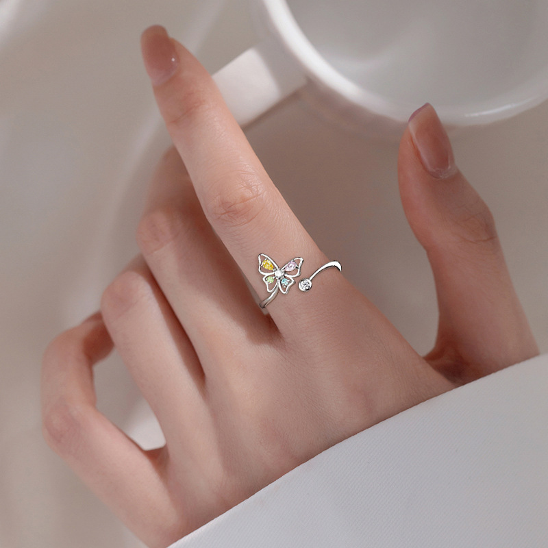Anxiety Ring, Open Ring Classification Adjustable Ring Size Sweet Butterfly Copper Plating Inlay Zircon Open Ring