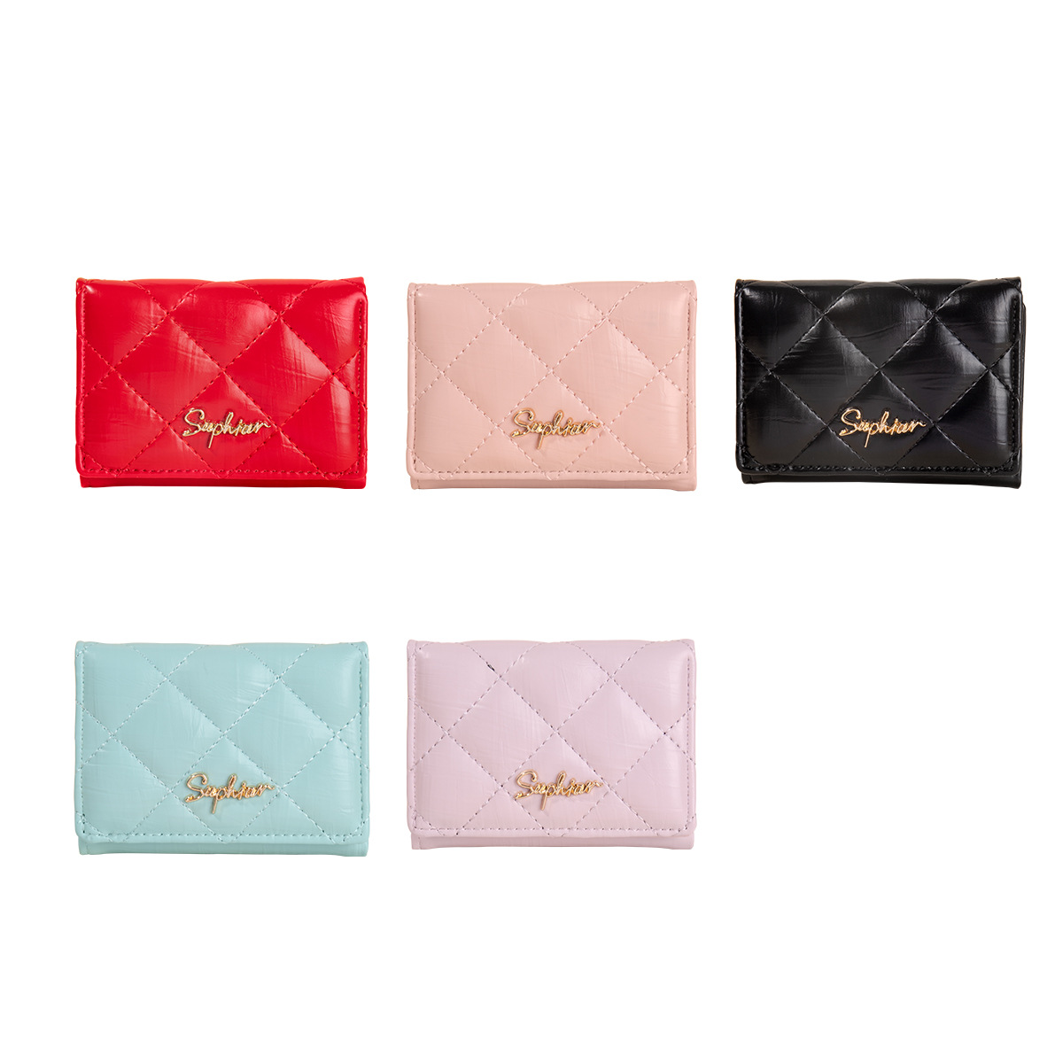 Cartera corta de tres pliegues con patrón de rombos de hilo de bordar, bolso de tarjeta simple de color sólido transfronterizo, billetera de cuero para mujer, sentido avanzado