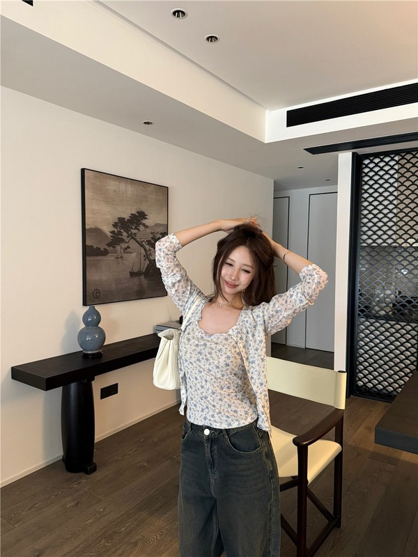 韩系甜美长袖开衫防晒外套女早秋温柔内搭碎花吊带背心上衣两件套|undefined