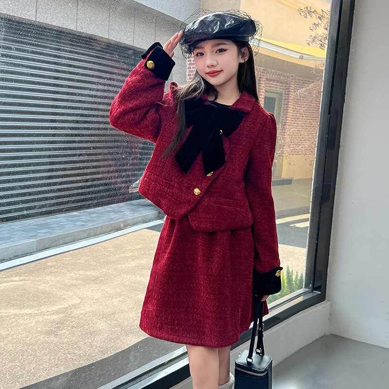 女大童时尚小香风套装2025秋冬季新款洋气女孩加厚红色两件套潮款|undefined